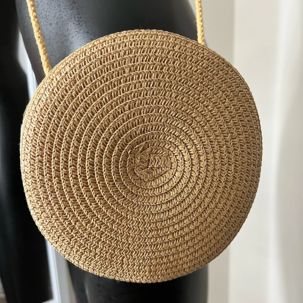 Tan Round Straw Crossbody Bag - Picture 4 of 5